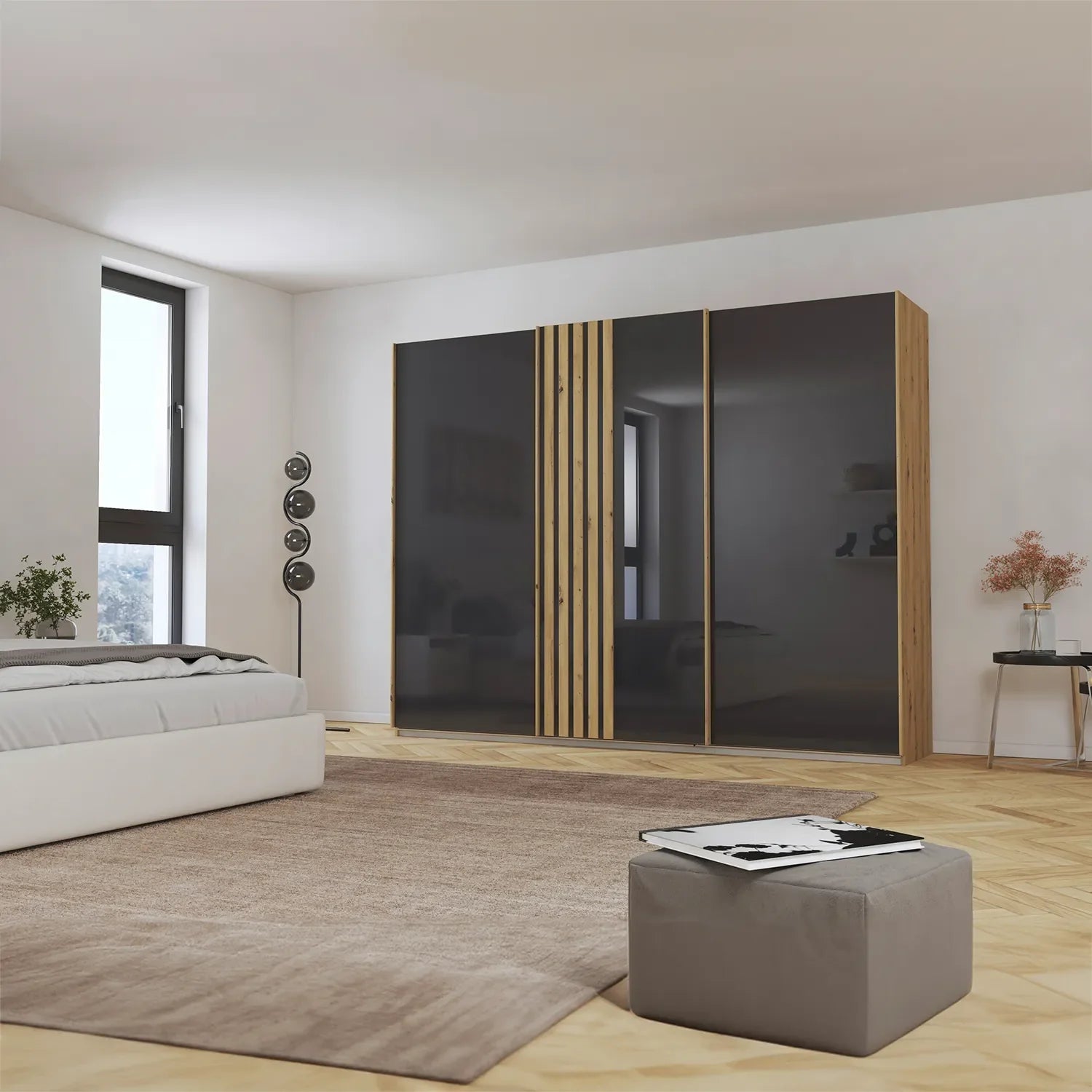 Rauch Mosbach Basalt Glass Large 3 Door Sliding Wardrobe -271 - Side Angle view Styled in a Living Room