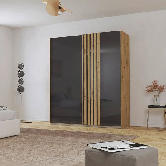 Rauch Mosbach Basalt Glass Sliding Door Wardrobe - W181cm - Styled in a Bedroom