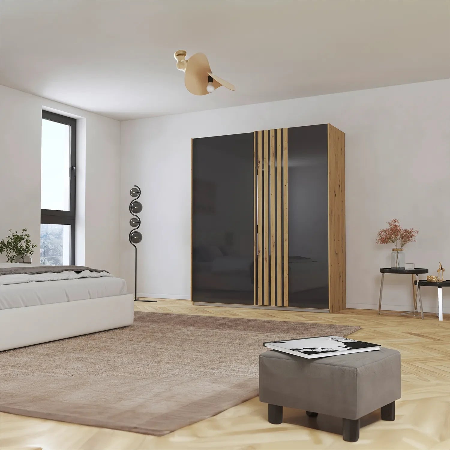 Rauch Mosbach Basalt Glass Sliding Door Wardrobe - W181cm - Side Angle view Styled in a Living Room