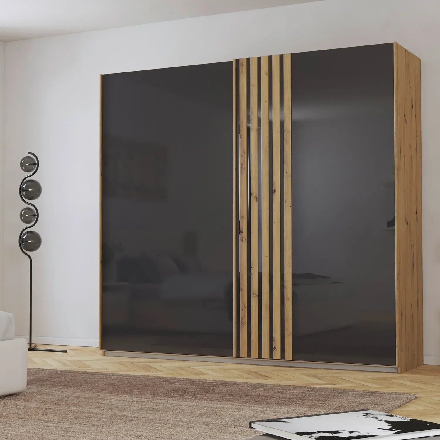 Rauch Mosbach Basalt Glass Sliding Door Wardrobe - W226cm - Styled in a Bedroom