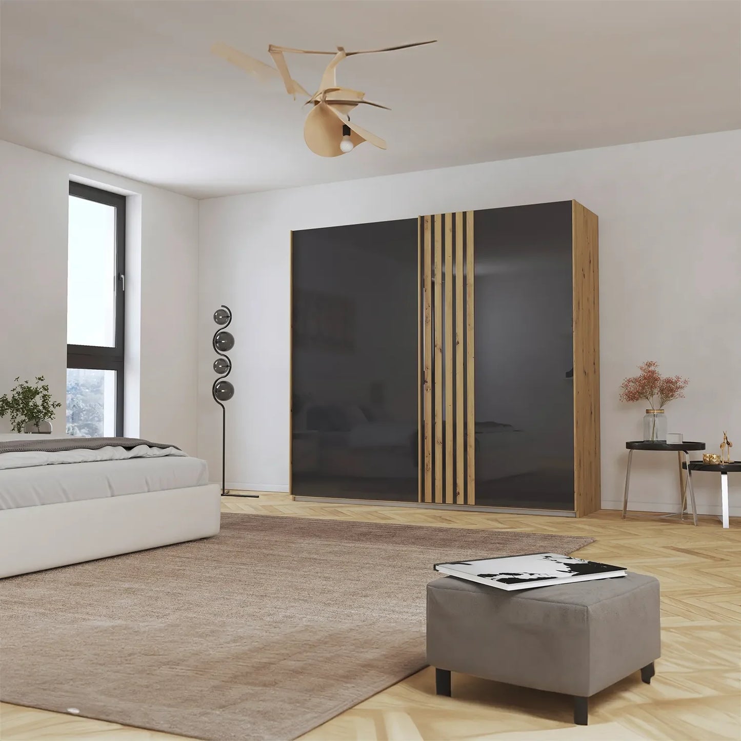 Rauch Mosbach Basalt Glass Sliding Door Wardrobe - W226cm - Side Angle view styled in a Bedroom