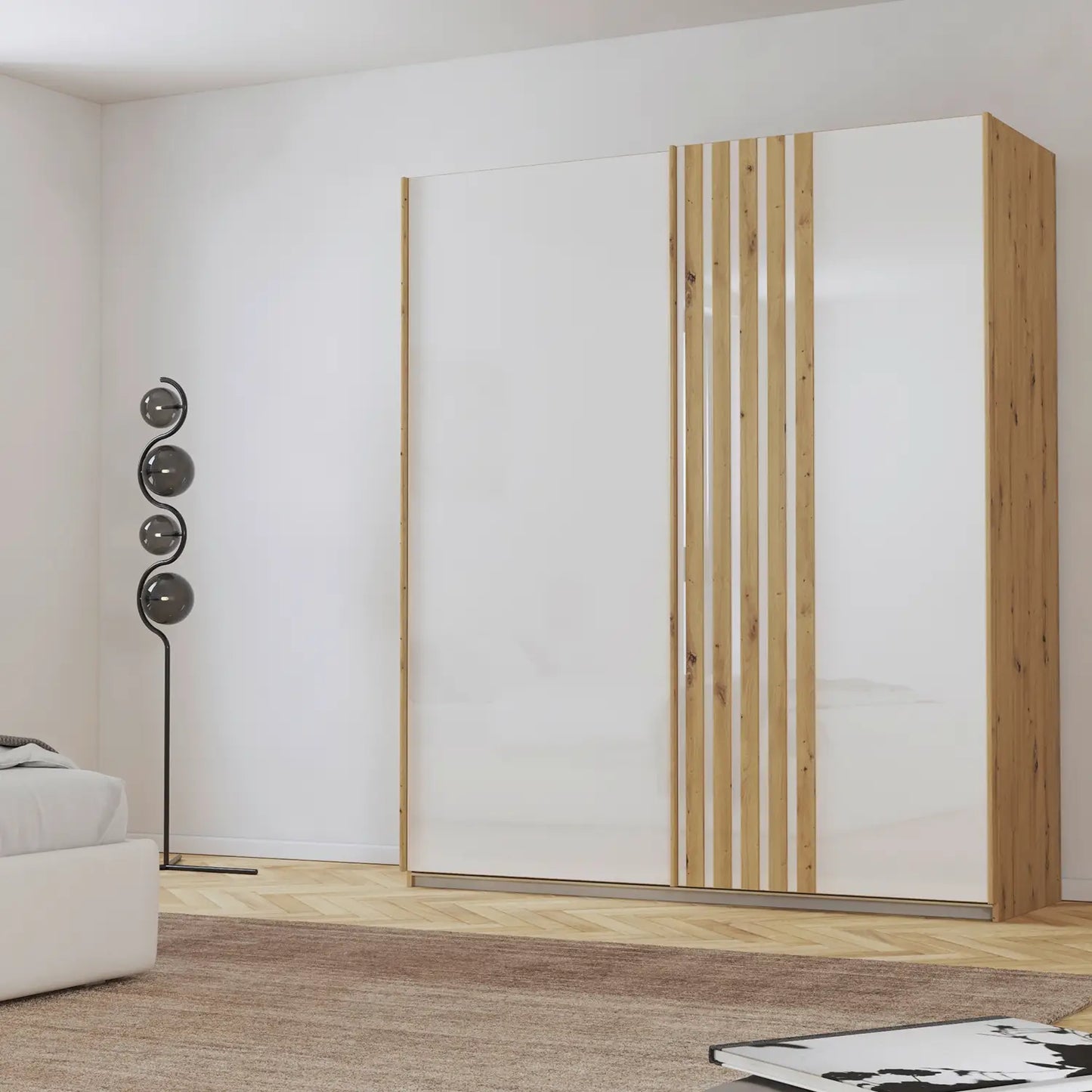 Rauch Mosbach White Glass Sliding Door Wardrobe - W181cm - Side Angle view Styled in a Living Room