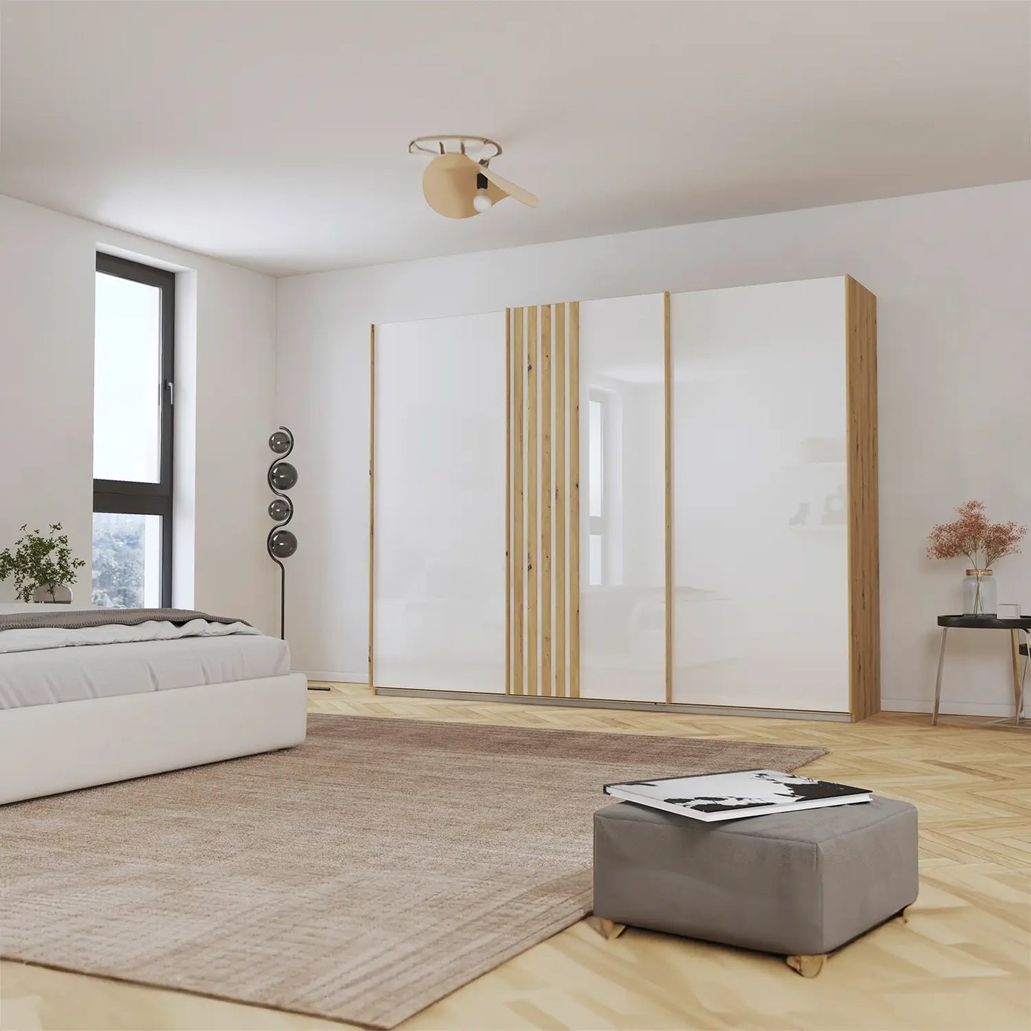 Rauch Mosbach White Glass Large 3 Door Sliding Wardrobe -W271cm - Styled in a Bedroom