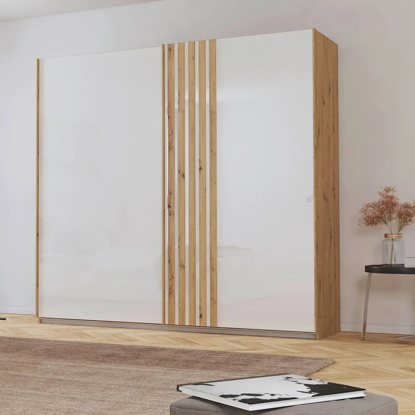 Rauch Mosbach White Glass Sliding Door Wardrobe - W226cm - Styled in a Living Room