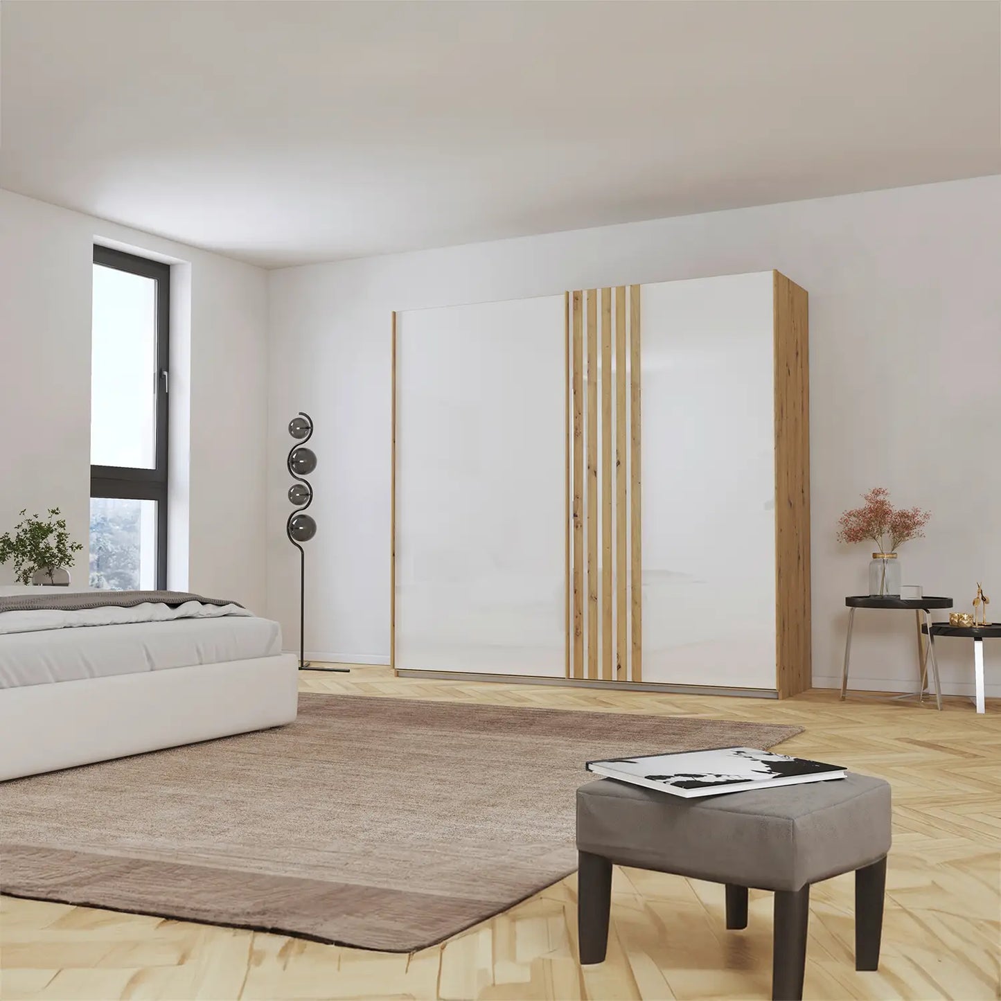 Rauch Mosbach White Glass Sliding Door Wardrobe - W226cm - Styled in a Bedroom