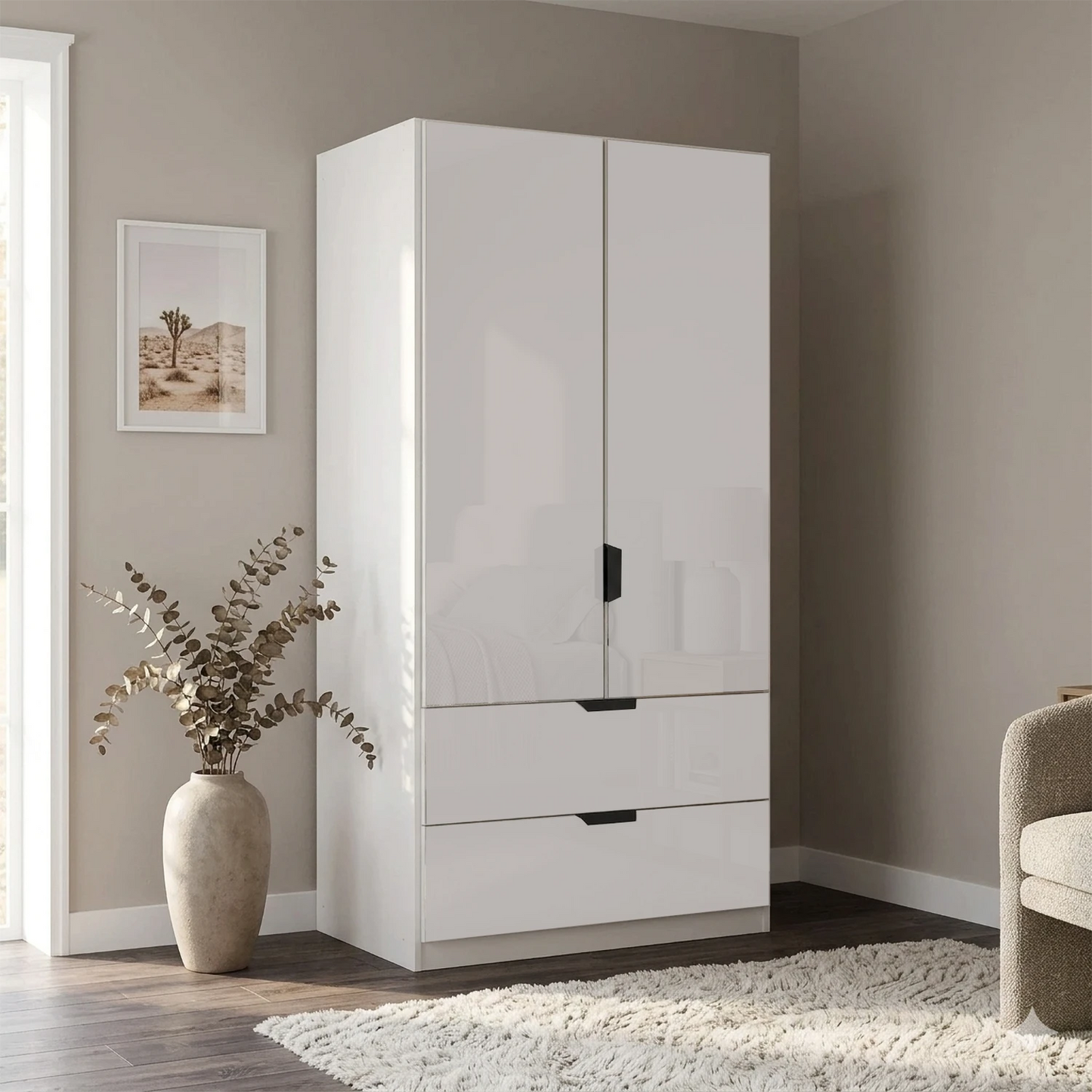 Mulheim 2 Door White Glass Wardrobe with Drawers and Mirror