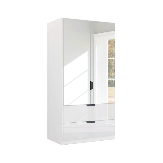Mulheim 2 Door White Glass Wardrobe with Drawers and Mirror