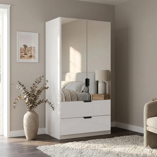 Mulheim 2 Door White Glass Wardrobe with Drawers and Mirror