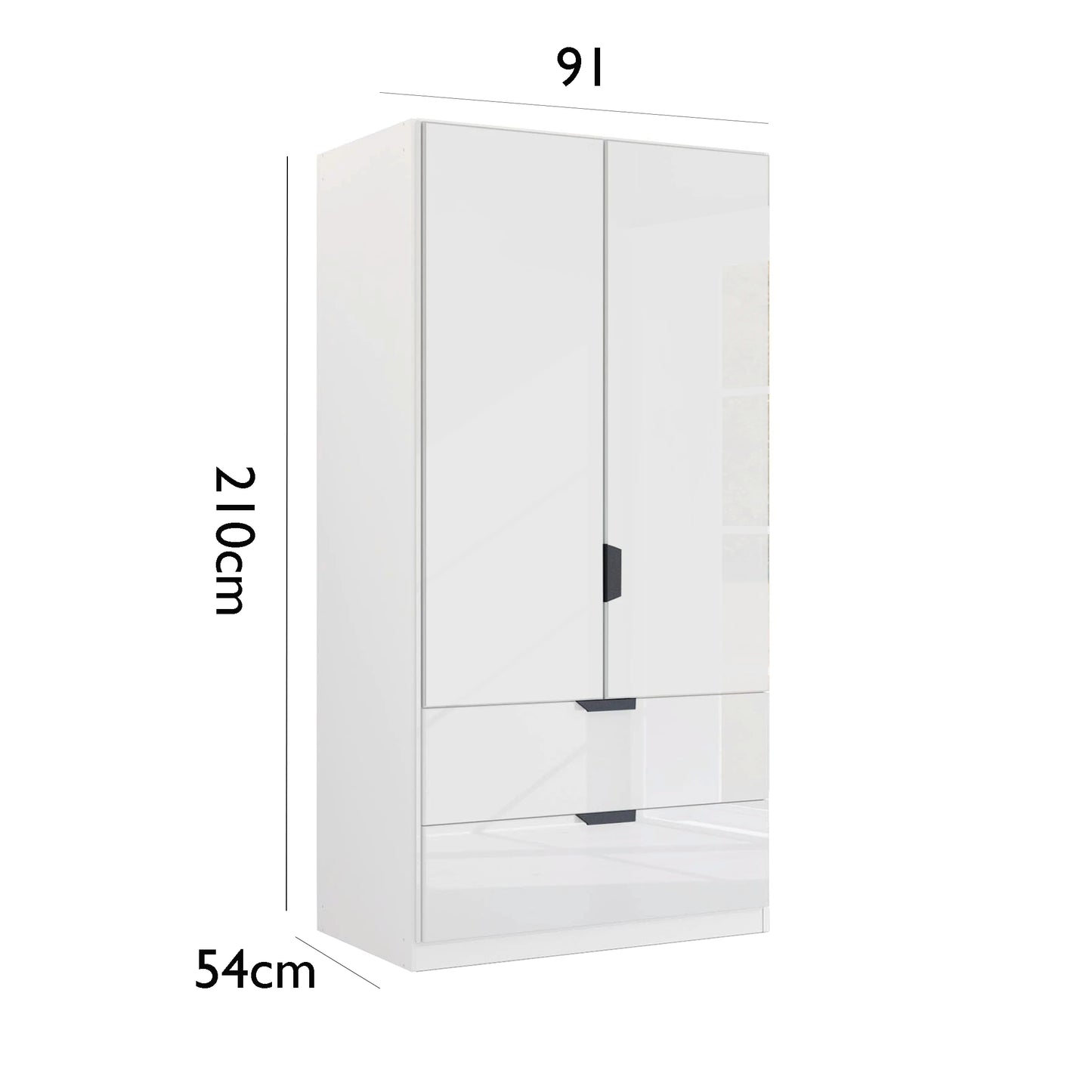 Mulheim 2 Door White Glass Wardrobe with Drawers and Mirror