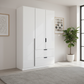Rauch White Glass Modern 3 Door Wardrobe with Drawers and Black Handles