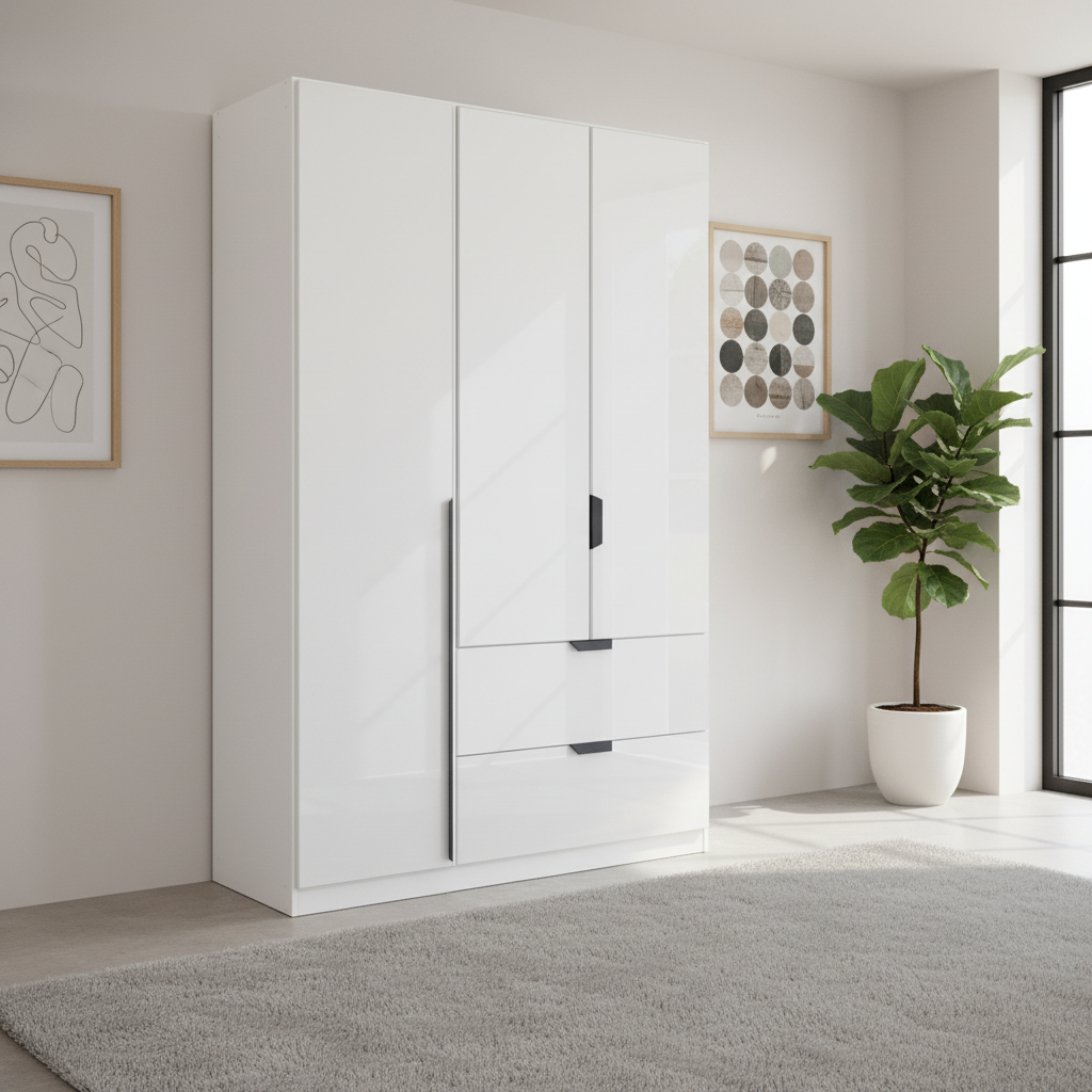 Rauch White Glass Modern 3 Door Wardrobe with Drawers and Black Handles