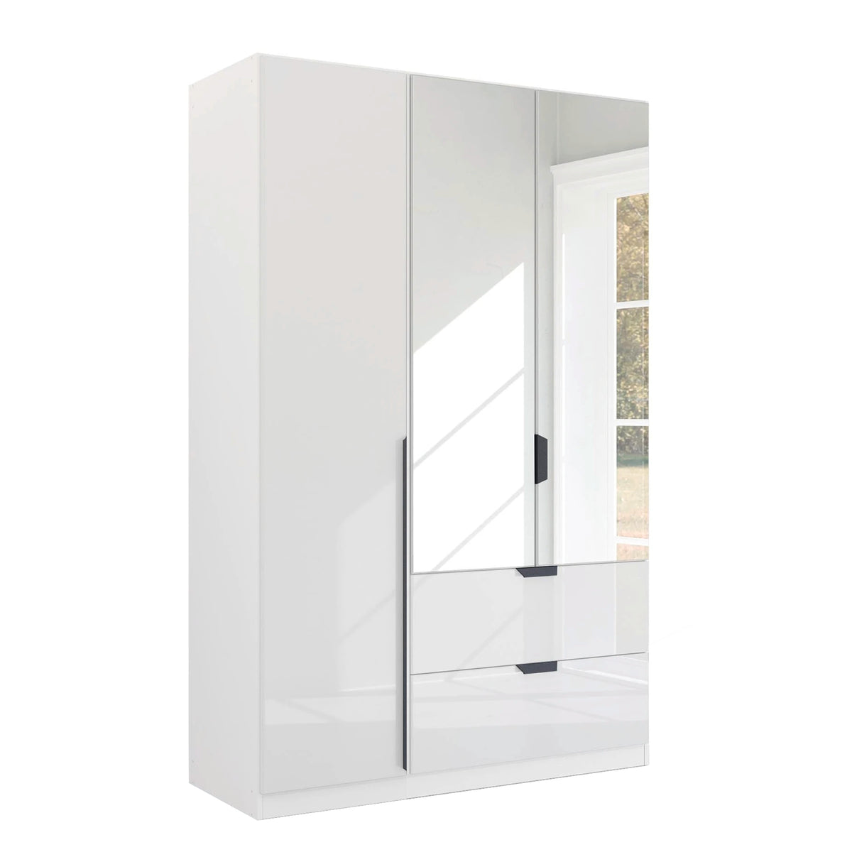 Mulheim 3 Door White Glass Wardrobe with Drawers and Mirror
