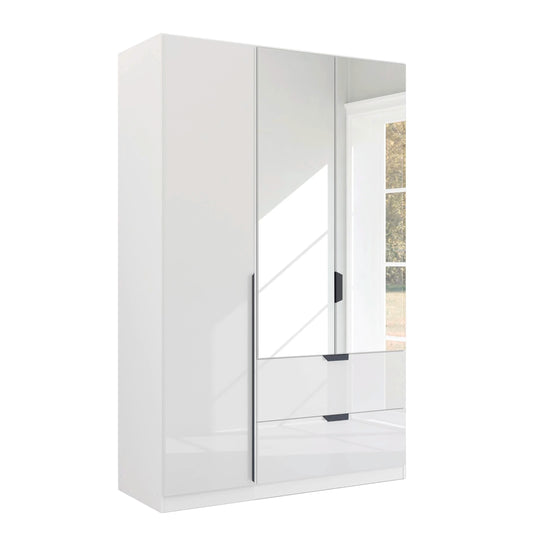 Mulheim 3 Door White Glass Wardrobe with Drawers and Mirror
