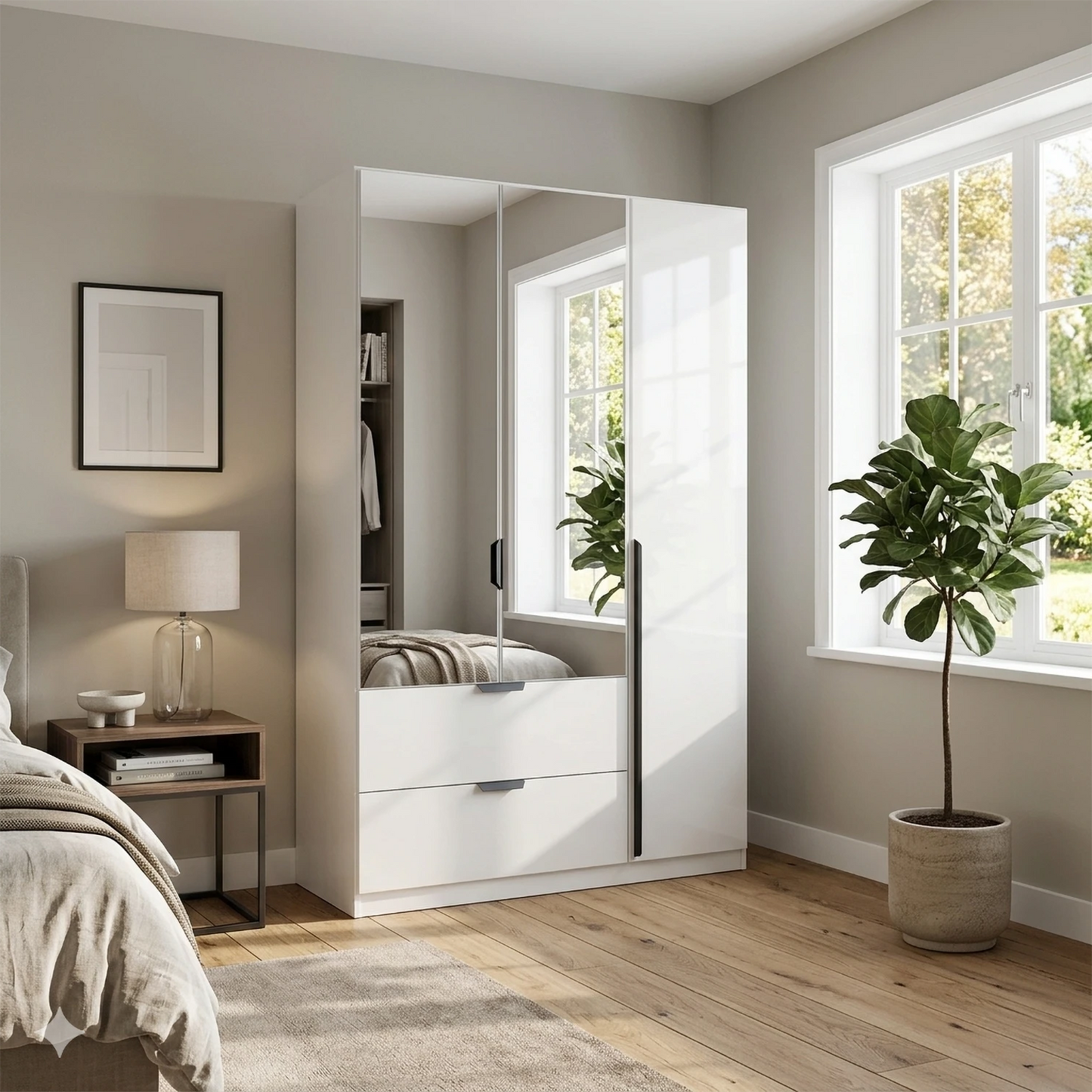 Mulheim 3 Door White Glass Wardrobe with Drawers and Mirror