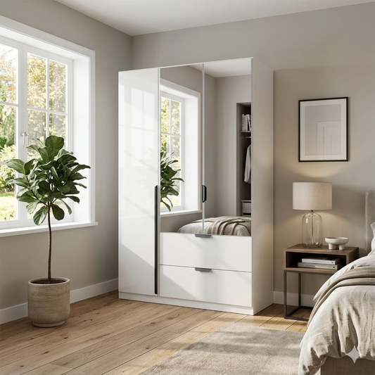 Mulheim 3 Door White Glass Wardrobe with Drawers and Mirror