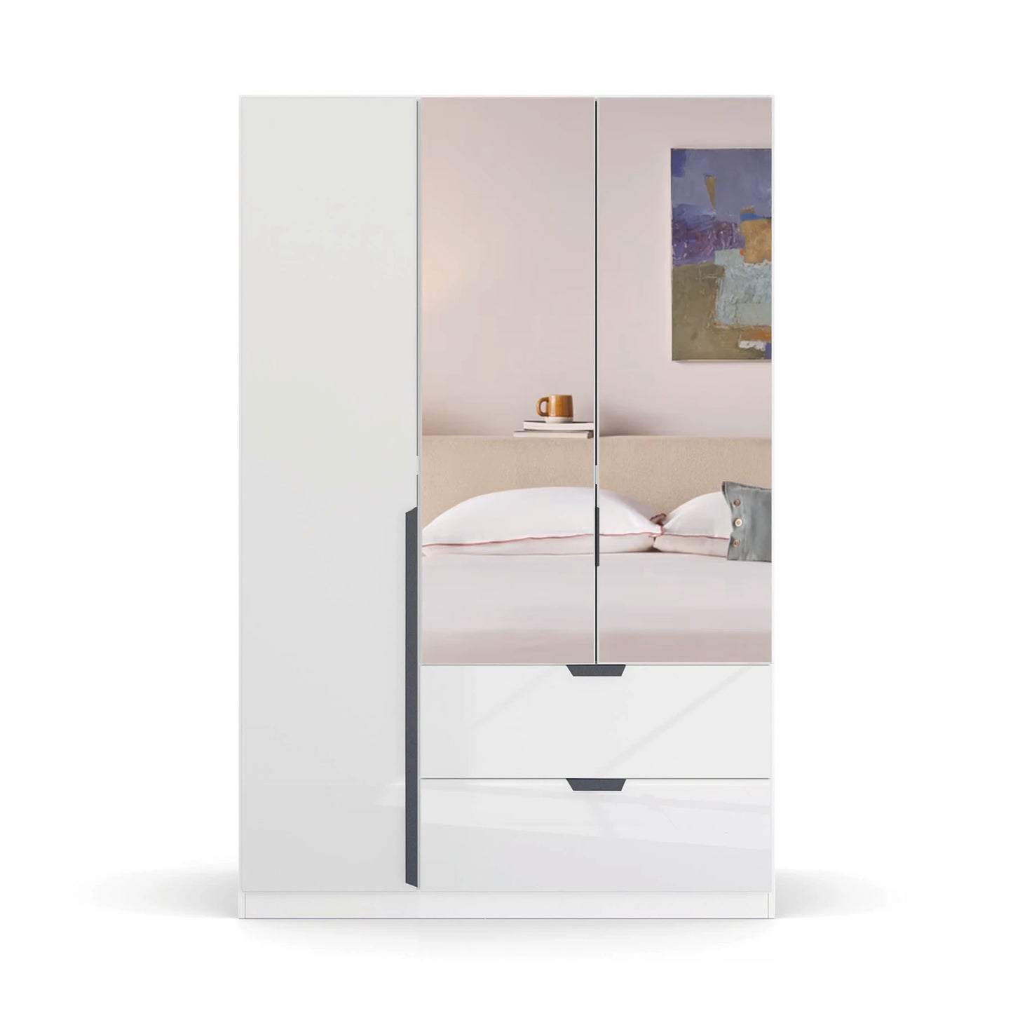 Mulheim 3 Door White Glass Wardrobe with Drawers and Mirror