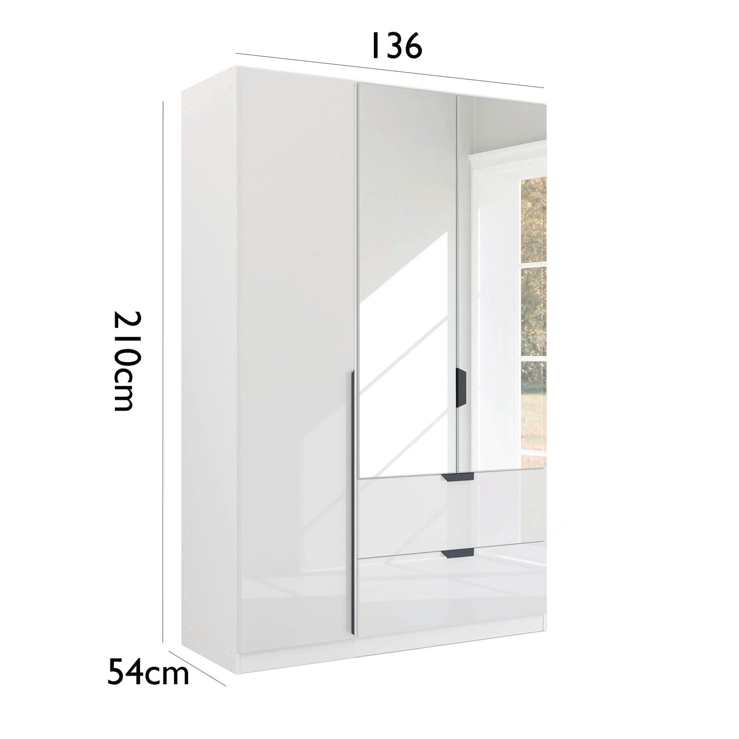 Mulheim 3 Door White Glass Wardrobe with Drawers and Mirror