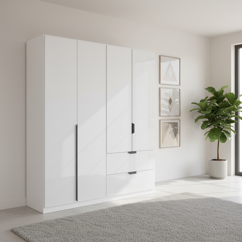 Rauch Modern White 4 Door wardrobe with Drawers and Black handles