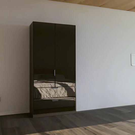 Mulheim 2 Door Basalt Glass Wardrobe with Drawers and Mirror - Pendle Village Furniture