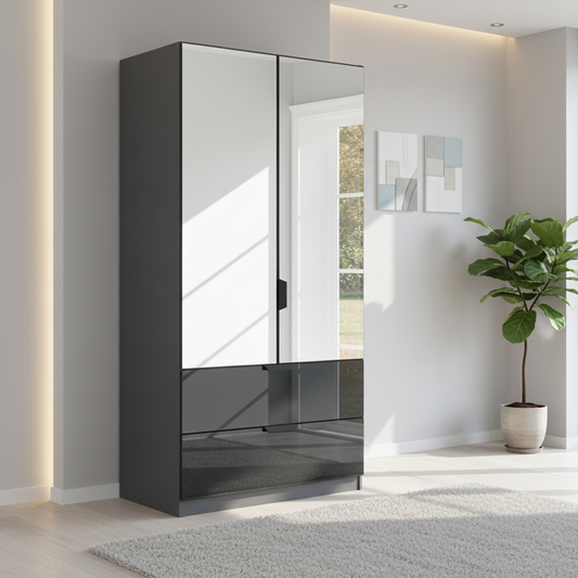 Rauch Modern Mulheim 2 Door Basalt Glass Wardrobe with Drawers and Mirror