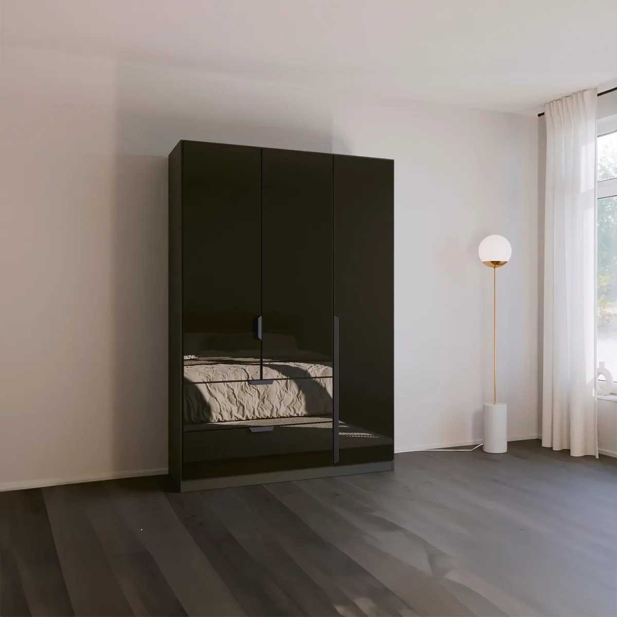 Mulheim 3 Door Basalt Glass Wardrobe with Drawers and Mirror - Pendle Village Furniture