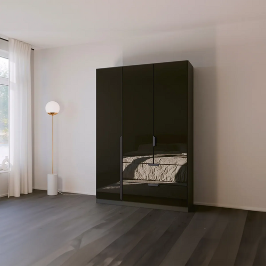 Mulheim 3 Door Basalt Glass Wardrobe with Drawers and Mirror - Pendle Village Furniture