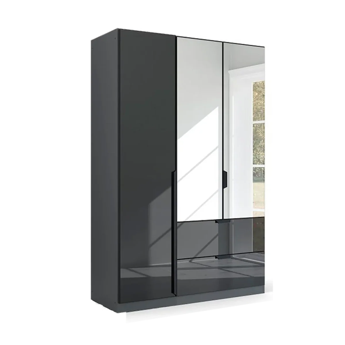 Mulheim 3 Door Basalt Glass Wardrobe with Drawers and Mirror - Pendle Village Furniture