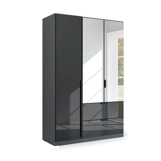 Mulheim 3 Door Basalt Glass Wardrobe with Drawers and Mirror - Pendle Village Furniture