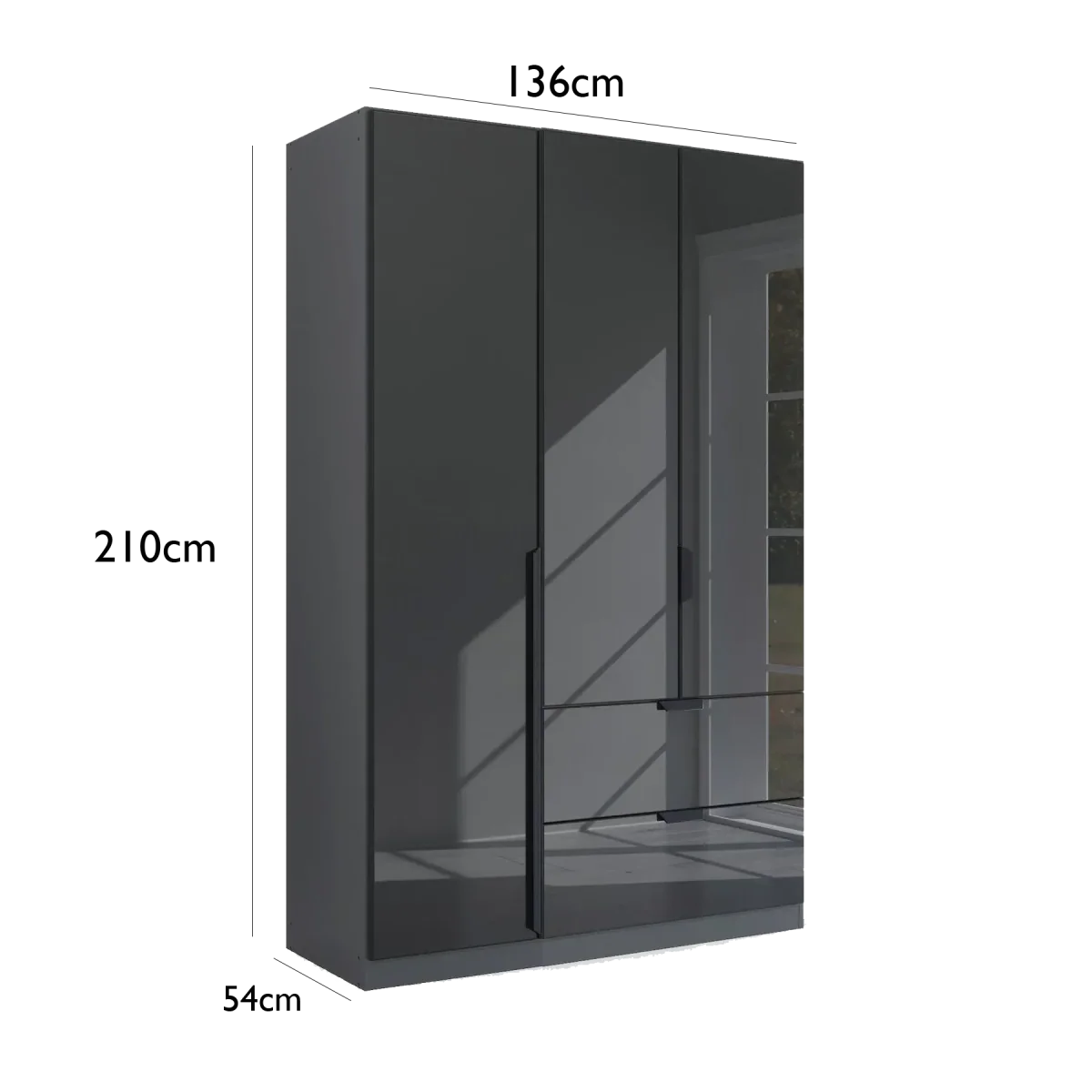Mulheim 3 Door Basalt Glass Wardrobe with Drawers and Mirror - Pendle Village Furniture