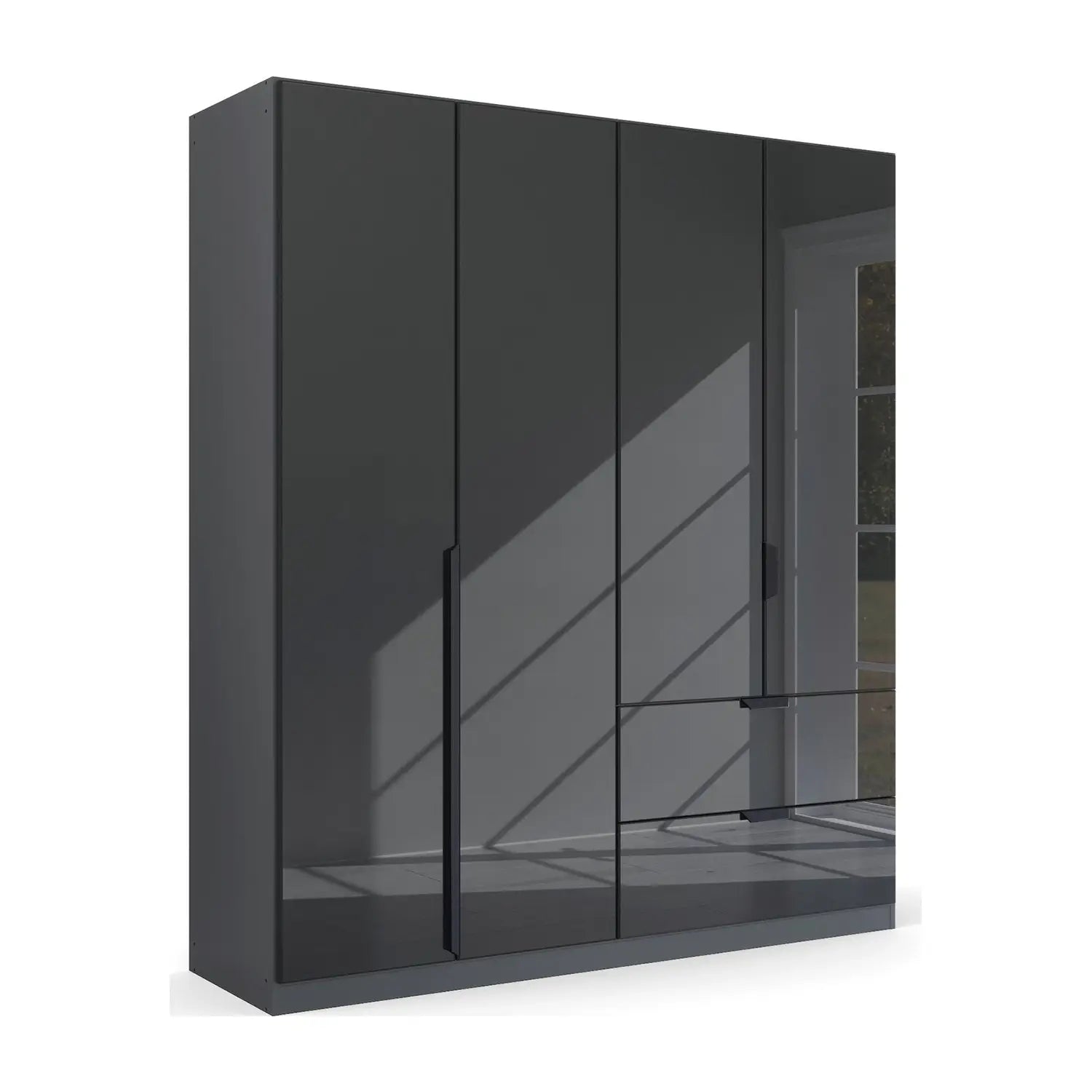 Mulheim 4 Door Basalt Glass Wardrobe with Drawers and Mirror - Pendle Village Furniture
