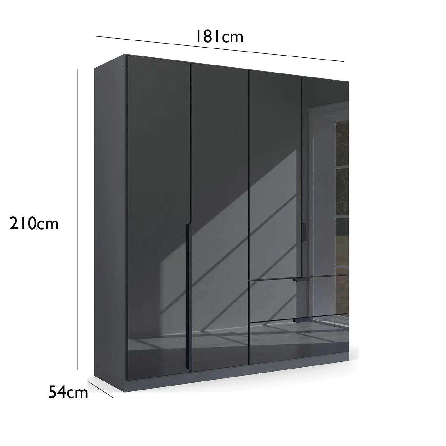 Mulheim 4 Door Basalt Glass Wardrobe with Drawers and Mirror - Pendle Village Furniture