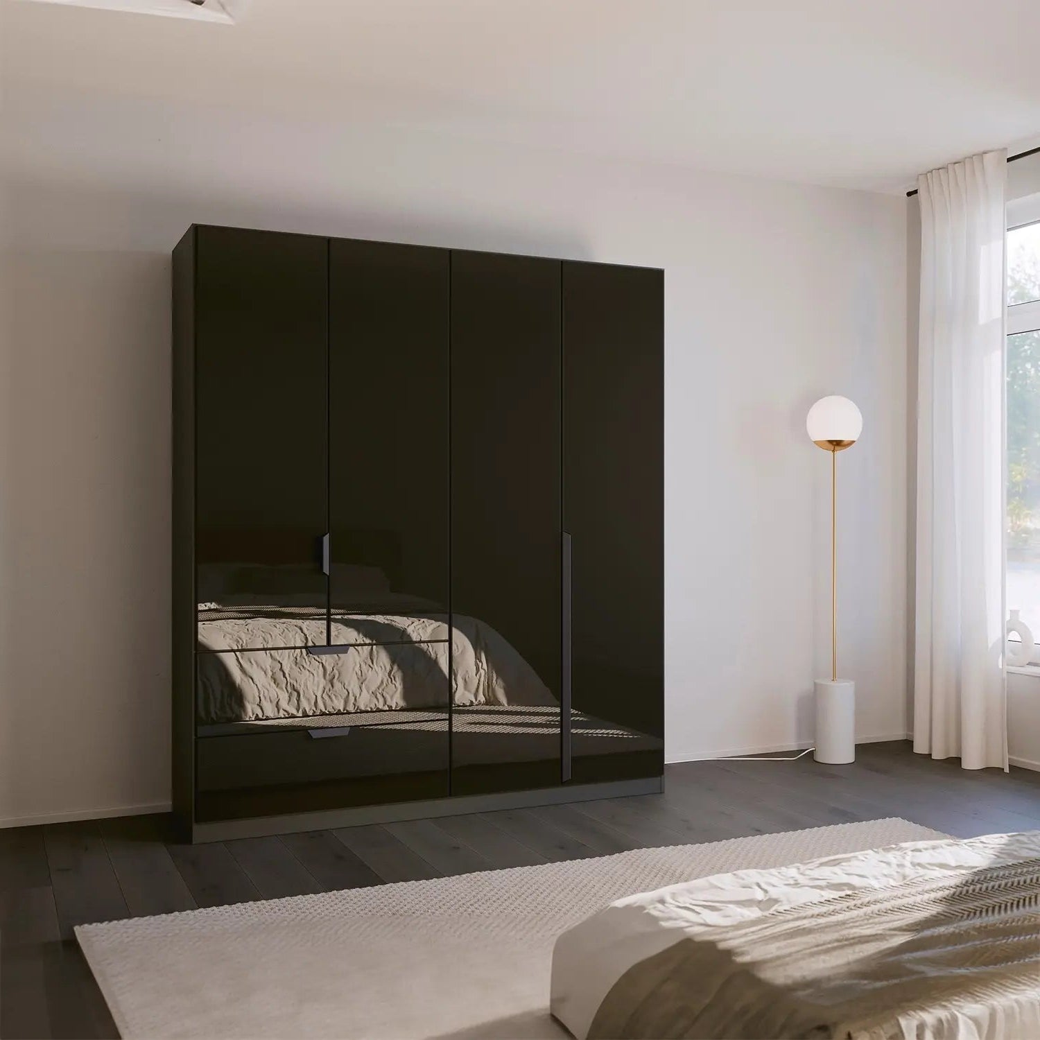 Mulheim 4 Door Basalt Glass Wardrobe with Drawers and Mirror - Pendle Village Furniture