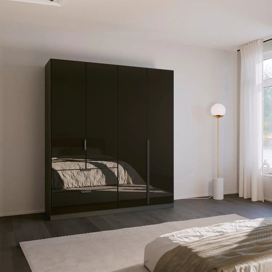 Mulheim 4 Door Basalt Glass Wardrobe with Drawers and Mirror - Pendle Village Furniture