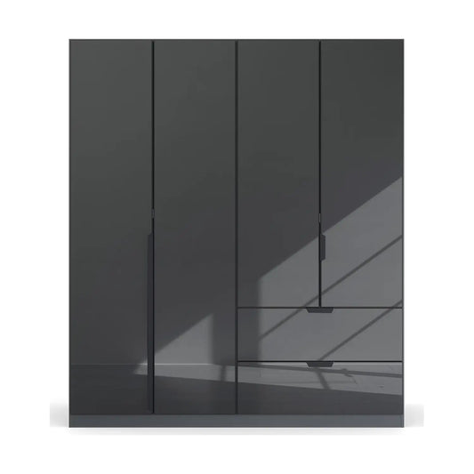 Mulheim 4 Door Basalt Glass Wardrobe with Drawers and Mirror - Pendle Village Furniture