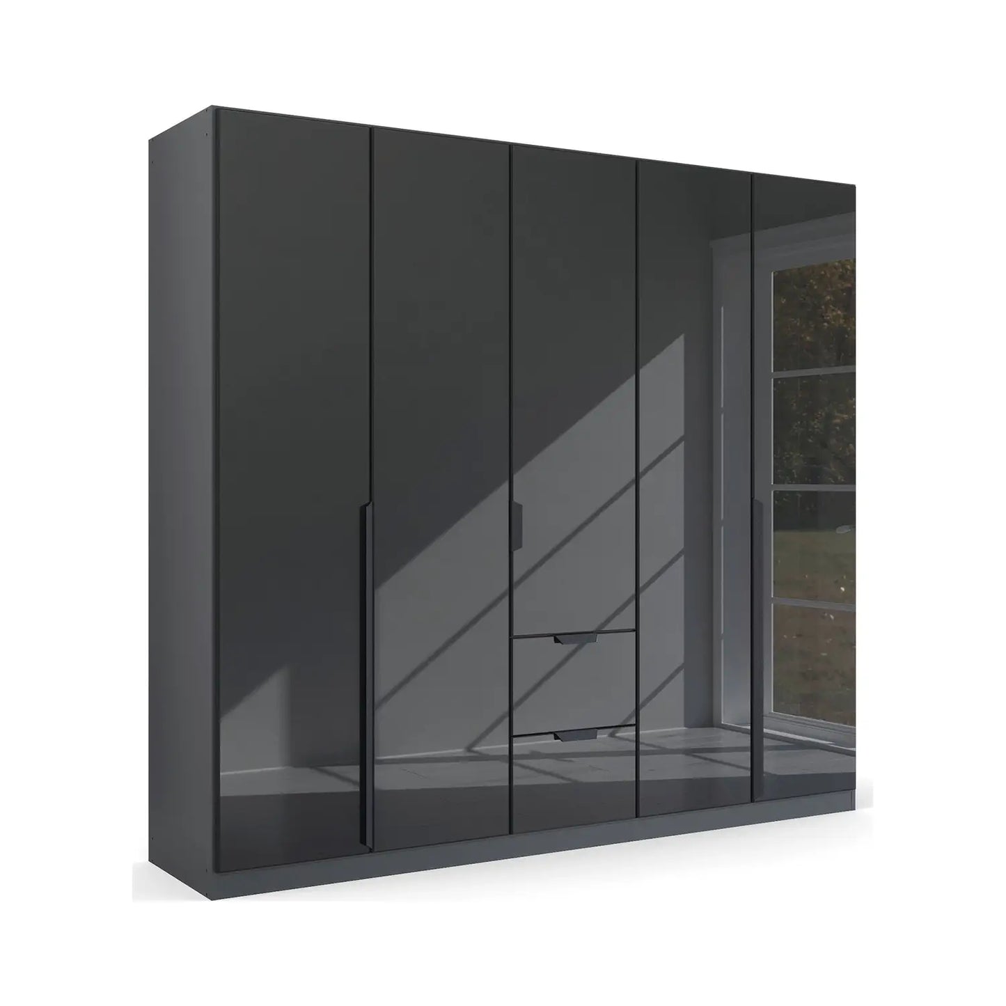Mulheim 5 Door Basalt Glass Wardrobe with Mirror and Drawers - Pendle Village Furniture