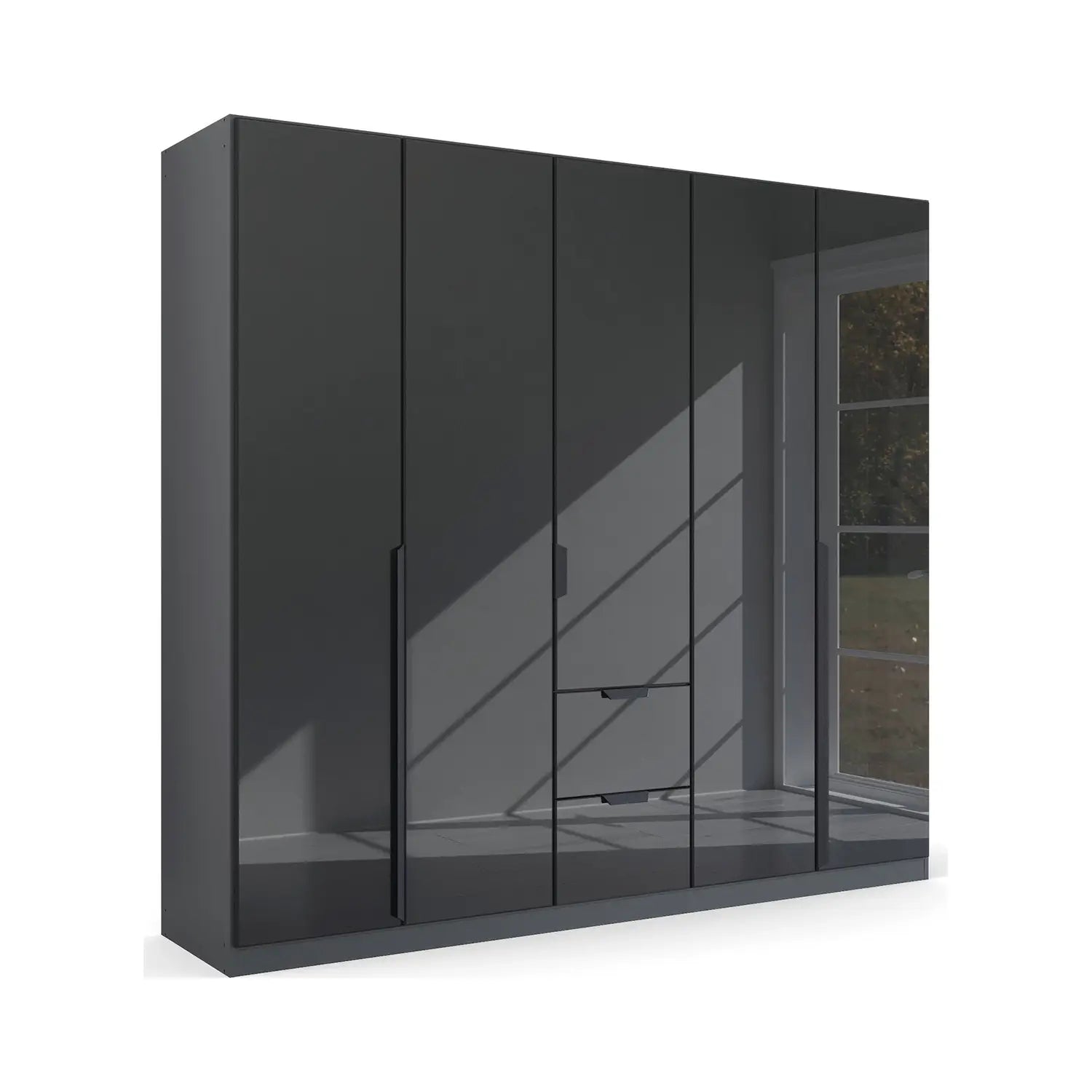 Mulheim 5 Door Basalt Glass Wardrobe with Mirror and Drawers - Pendle Village Furniture