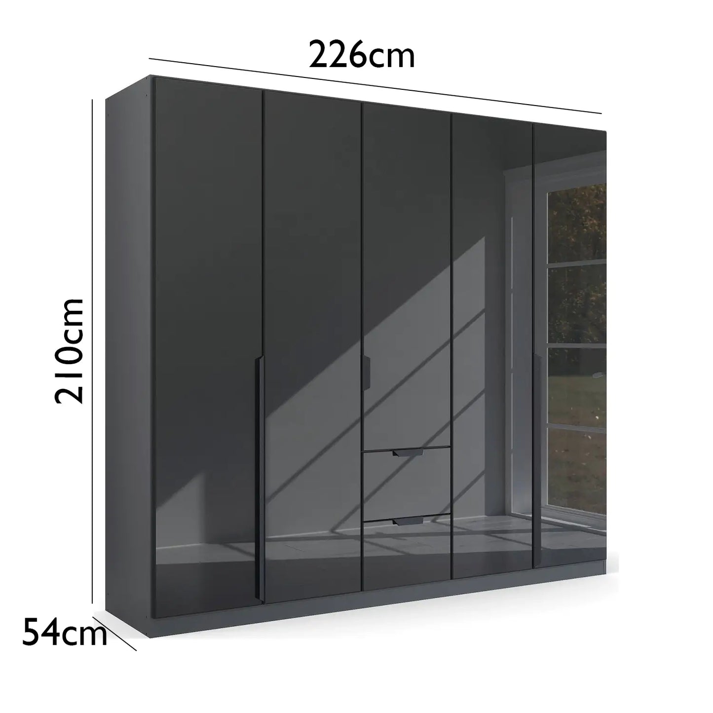 Mulheim 5 Door Basalt Glass Wardrobe with Mirror and Drawers - Pendle Village Furniture