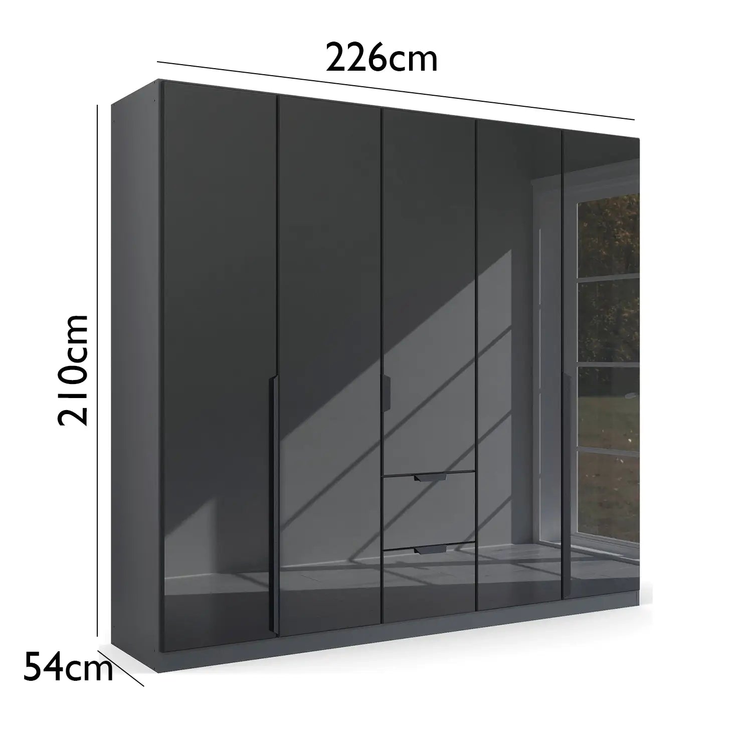 Mulheim 5 Door Basalt Glass Wardrobe with Mirror and Drawers - Pendle Village Furniture