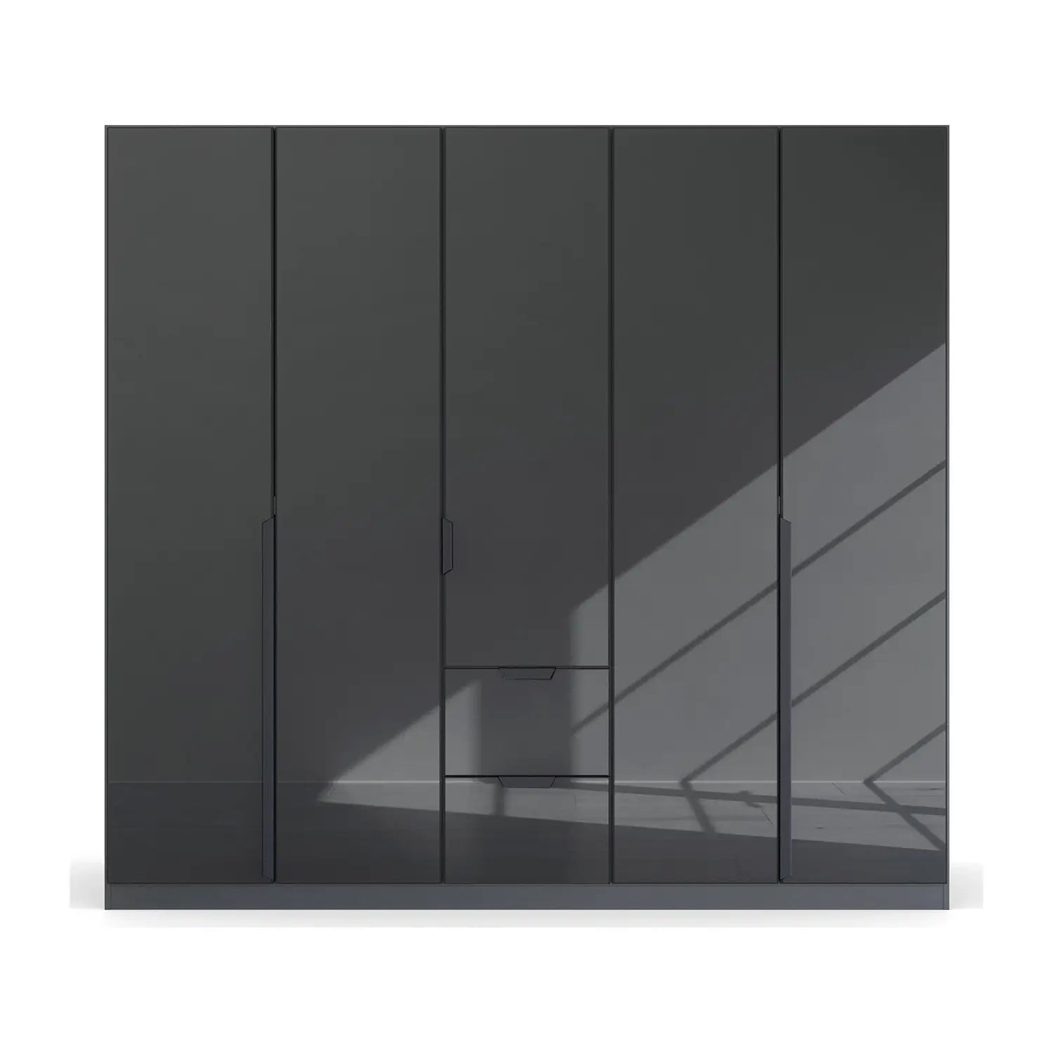 Mulheim 5 Door Basalt Glass Wardrobe with Mirror and Drawers - Pendle Village Furniture