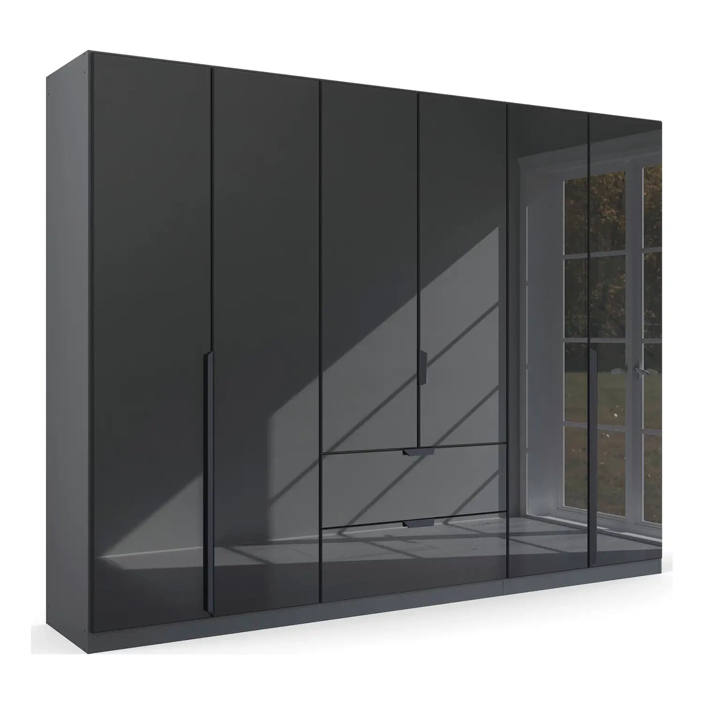 Mulheim 6 Door Basalt Glass Wardrobe with Mirror and Drawers - Pendle Village Furniture