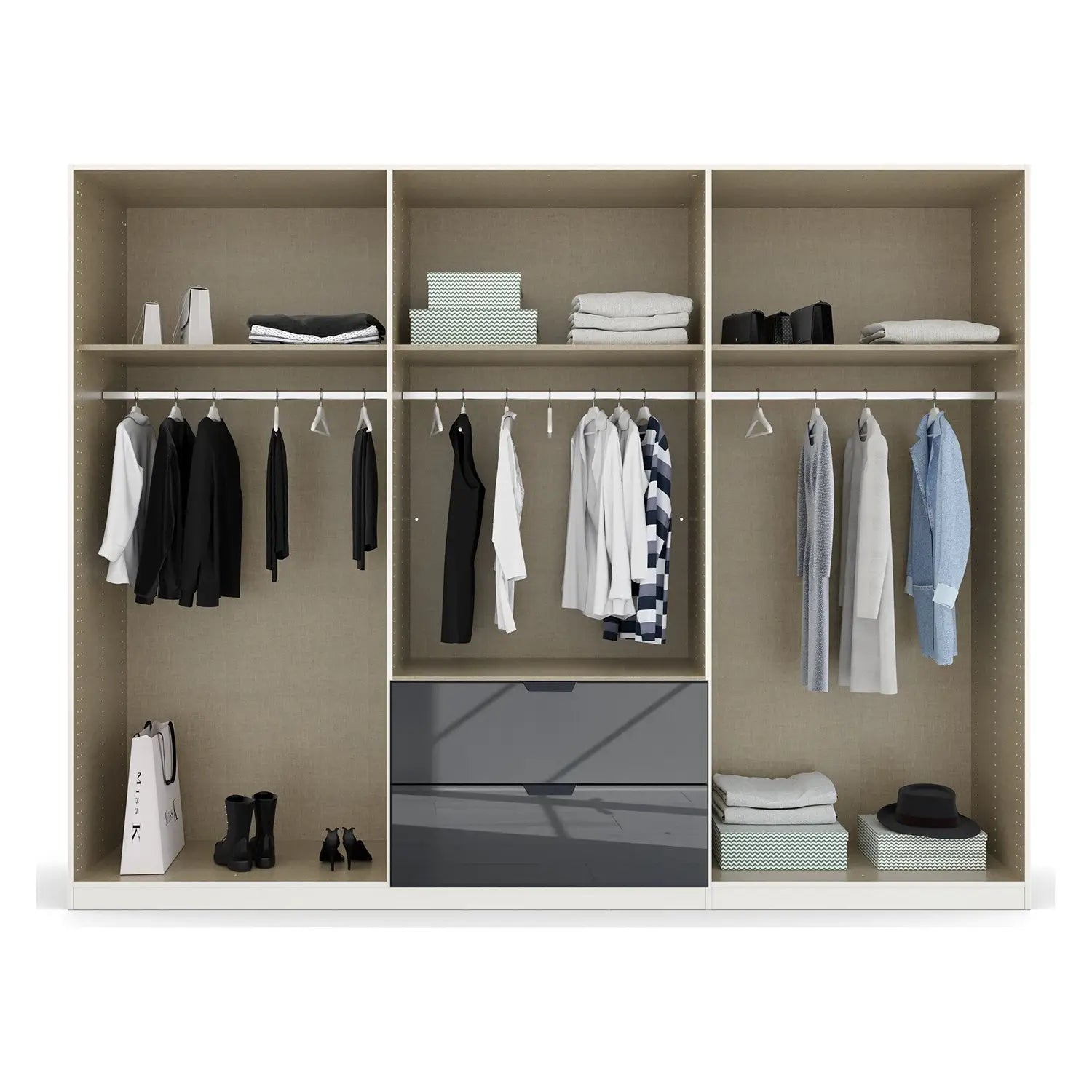 Mulheim 6 Door Basalt Glass Wardrobe with Mirror and Drawers - Pendle Village Furniture