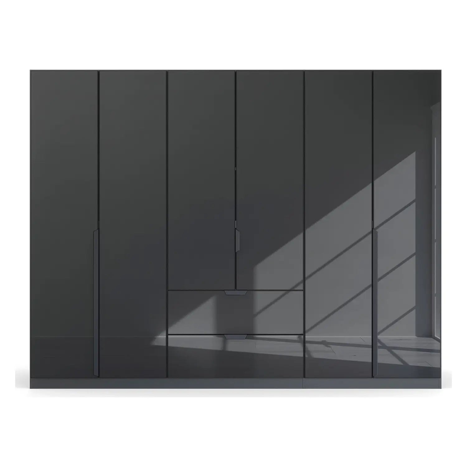 Mulheim 6 Door Basalt Glass Wardrobe with Mirror and Drawers - Pendle Village Furniture