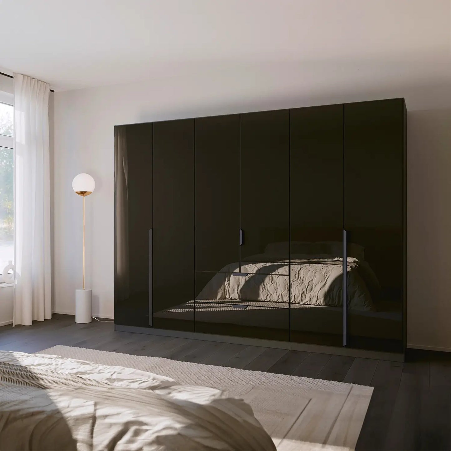 Mulheim 6 Door Basalt Glass Wardrobe with Mirror and Drawers - Pendle Village Furniture