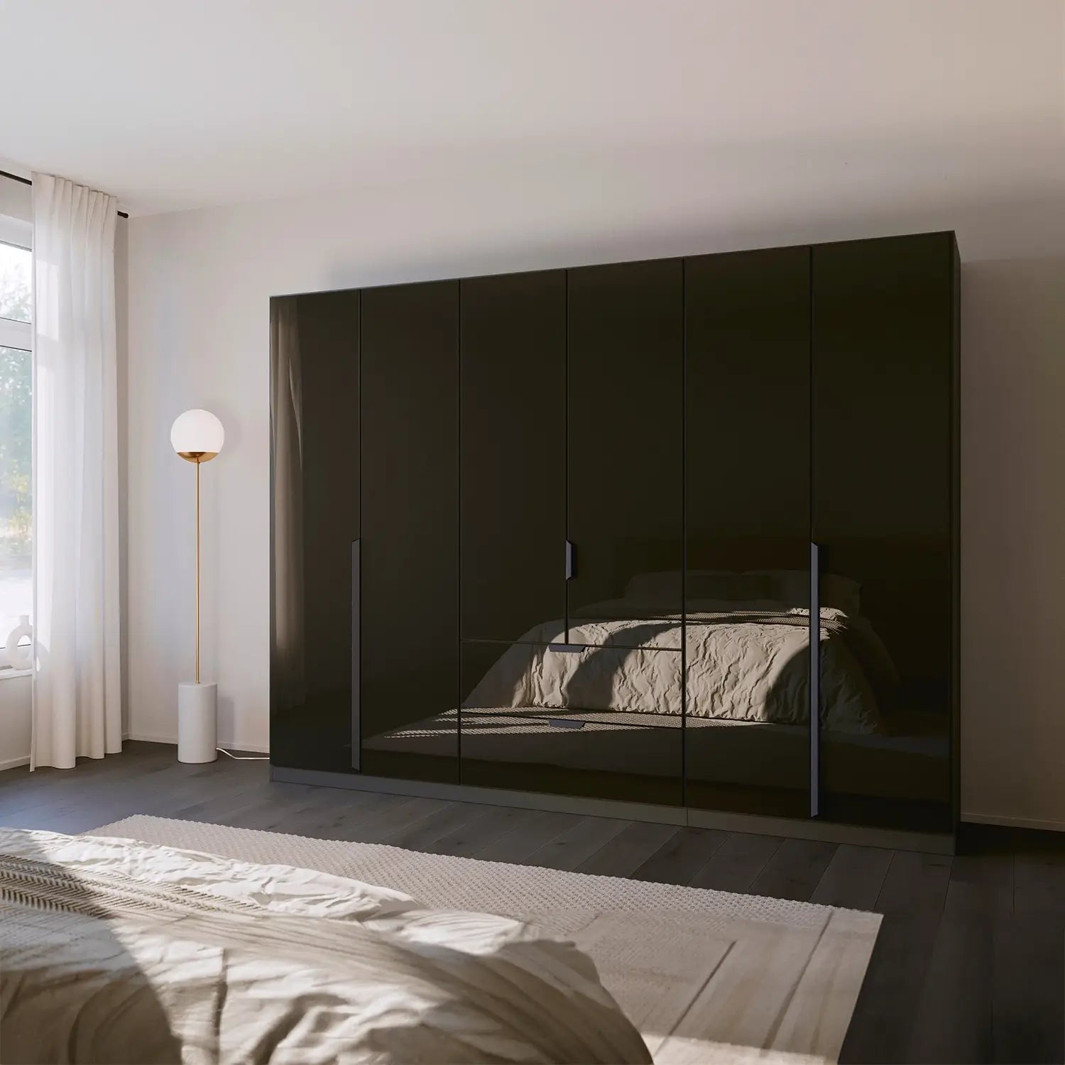 Mulheim 6 Door Basalt Glass Wardrobe with Mirror and Drawers - Pendle Village Furniture