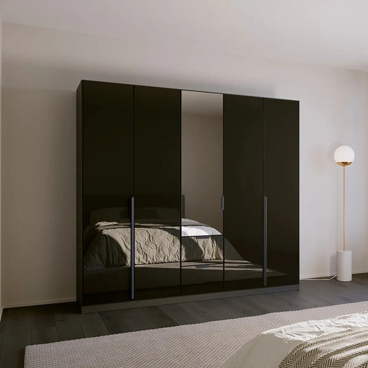 Mulheim 5 Door Basalt Glass Wardrobe with Mirror and Drawers - Pendle Village Furniture