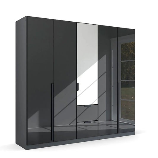 Mulheim 5 Door Basalt Glass Wardrobe with Mirror and Drawers 