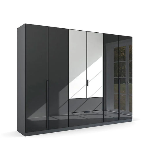 Mulheim 6 Door Basalt Glass Wardrobe with Mirror and Drawers - Pendle Village Furniture