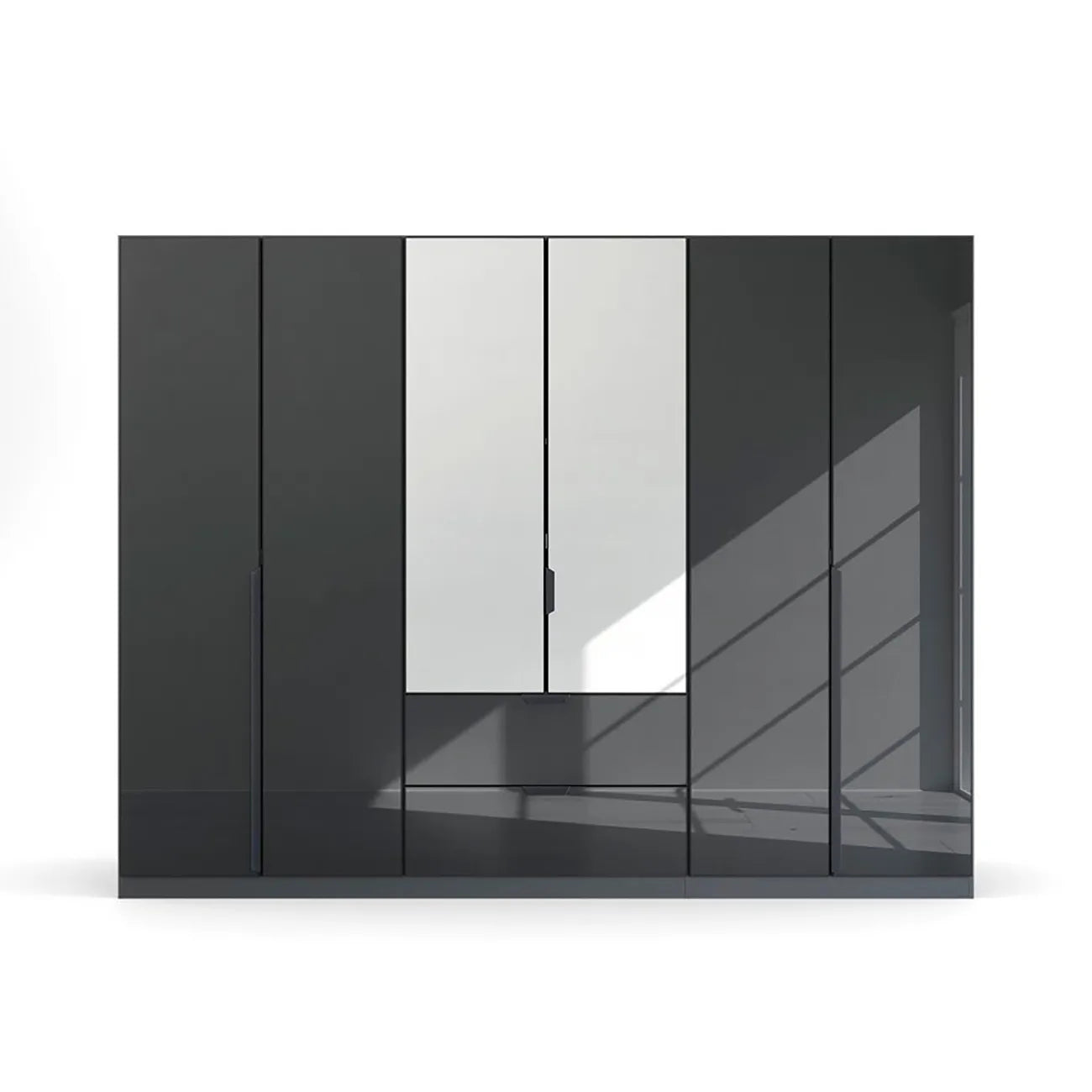 Mulheim 6 Door Basalt Glass Wardrobe with Mirror and Drawers - Pendle Village Furniture