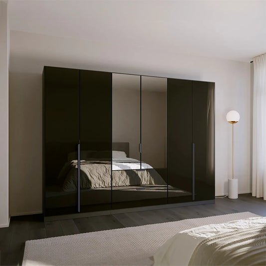 Mulheim 6 Door Basalt Glass Wardrobe with Mirror and Drawers - Pendle Village Furniture
