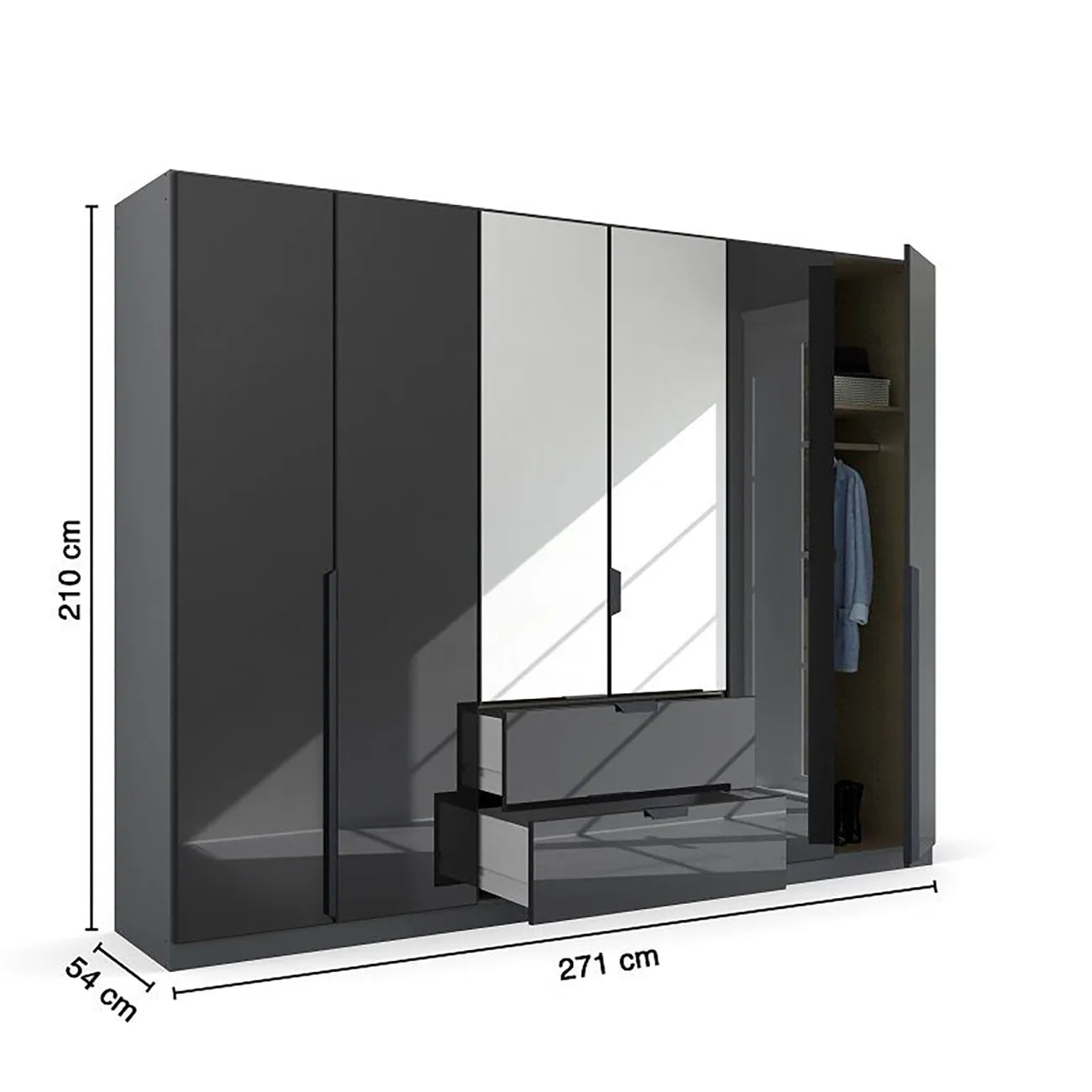 Mulheim 6 Door Basalt Glass Wardrobe with Mirror and Drawers - Pendle Village Furniture